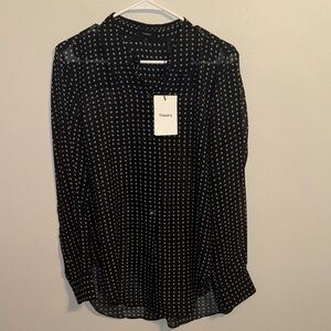 NEW Theory $275 silk blouse sheer button down shirt navy square chiffon medium